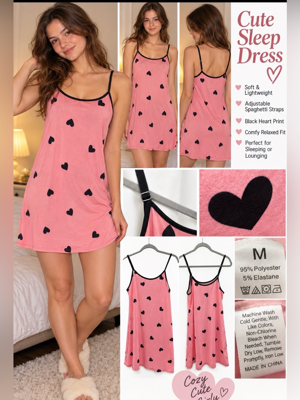Pink Heart Print Sleep Dress with Black Trim - Women Intimates & Sleepwear